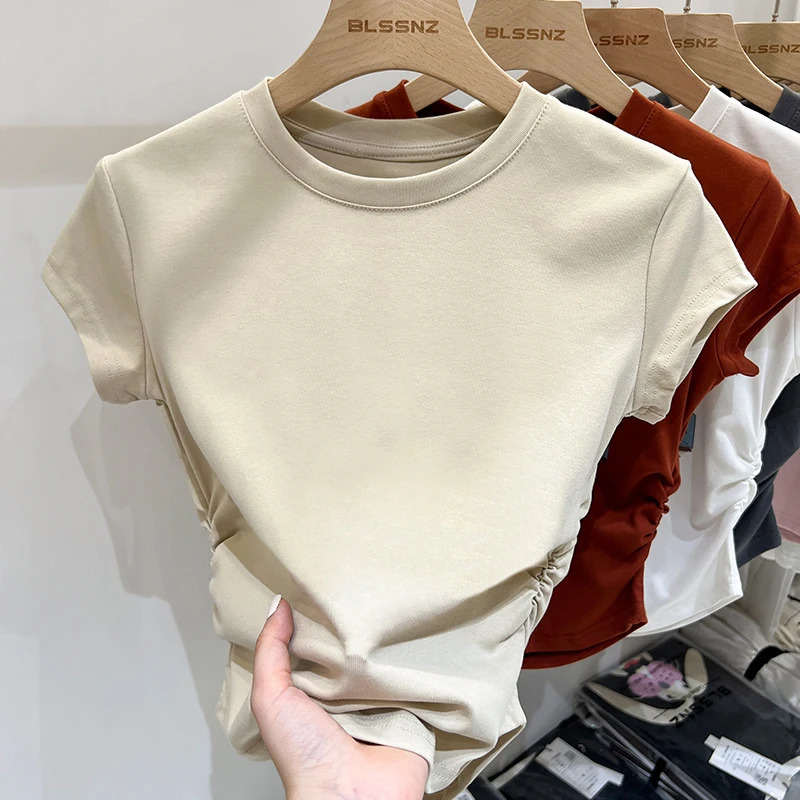 AOSSVIAO Harajuku Women Crew Neck Short Sleeve Cotton Slim Fashion Tee with Ruched Sides Detail Tshirts 250514