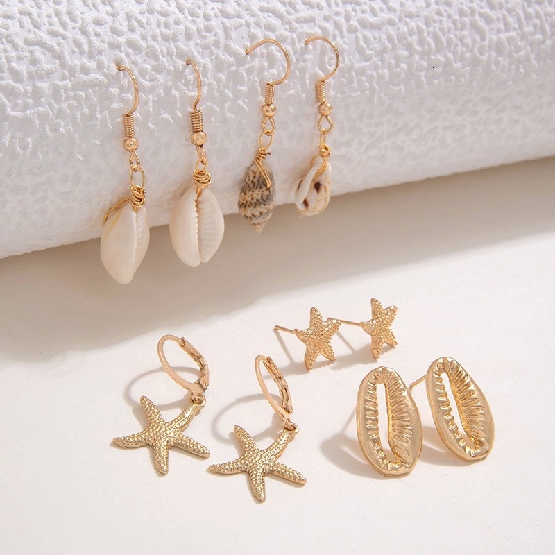 Beach style minimalist creative shell, star, conch, starfish, earrings, five pairs of exquisite accessories set