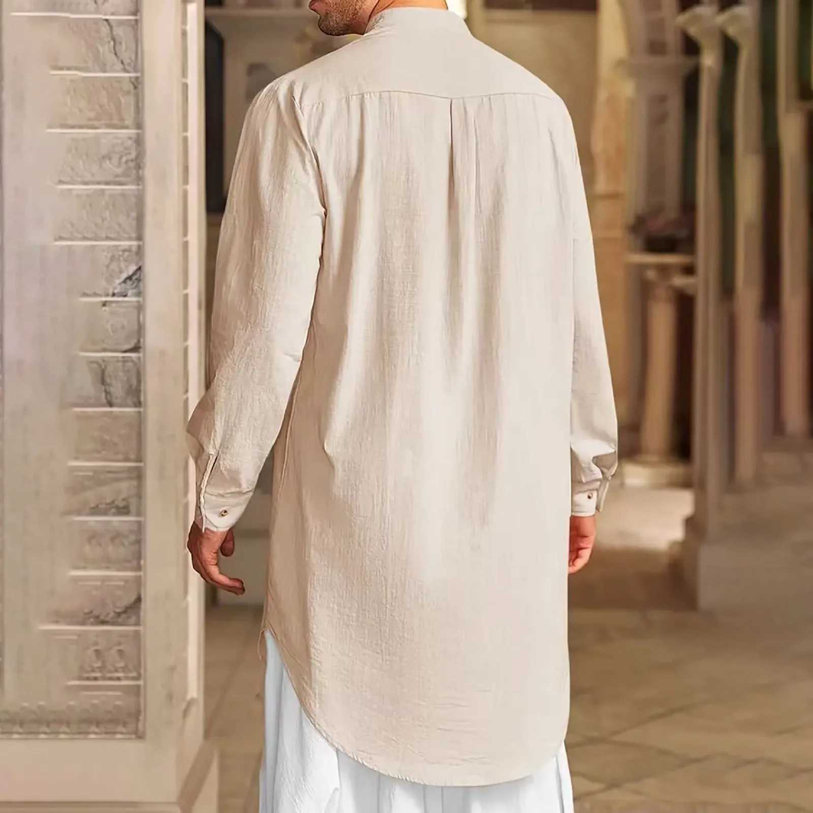 Men Cotton Linen Jubba Thobe Long Sleeve Button Kaftan Long Gown Shirt Casual Musulmane Islamic Arabian Muslim Prayer Robe X250514