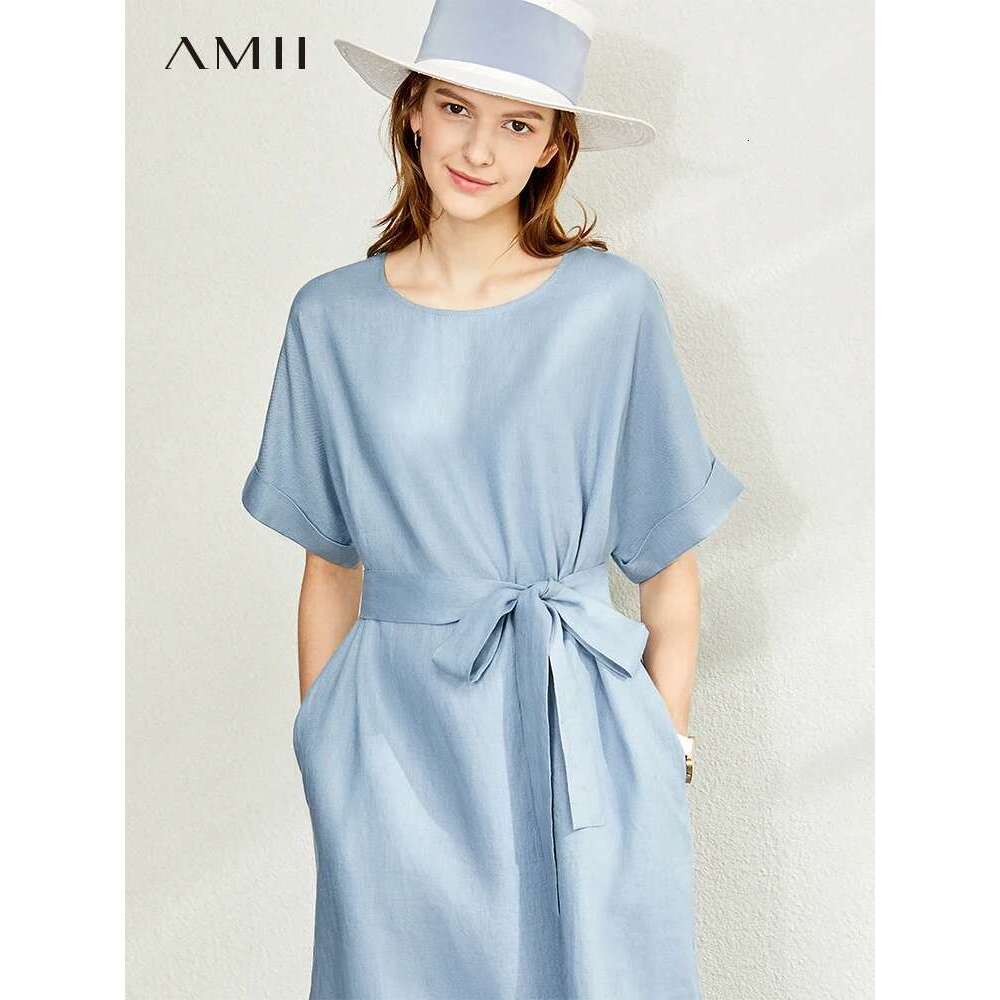 AMII Minimalist Women Dress Summer New 100% Linen Niche Fashion Artistic Temperament O-Neck Dresses Vestidos 12342278
