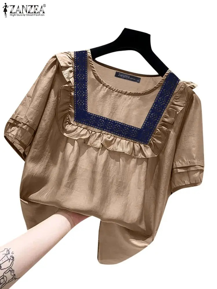 ZANZEA Women Korean Fashion Lace Patchwork Blouses Casual O Neck Spliced Ruffles Blusas Mujer Elegant Short Puff Sleeve Tops 250514