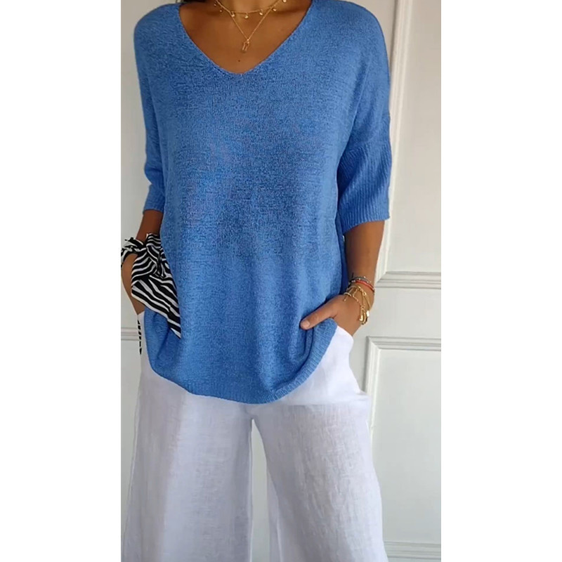 Knitted sweater casual sweater basic style slimming V-neck seven quarter sleeve solid color knitted sweater womens base shirt 250514