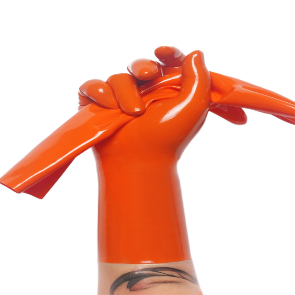 customized gloves rubber orange latex fetish wear handmade gloves mark Latex catsuit male fetish hood chlorine bodysuit
