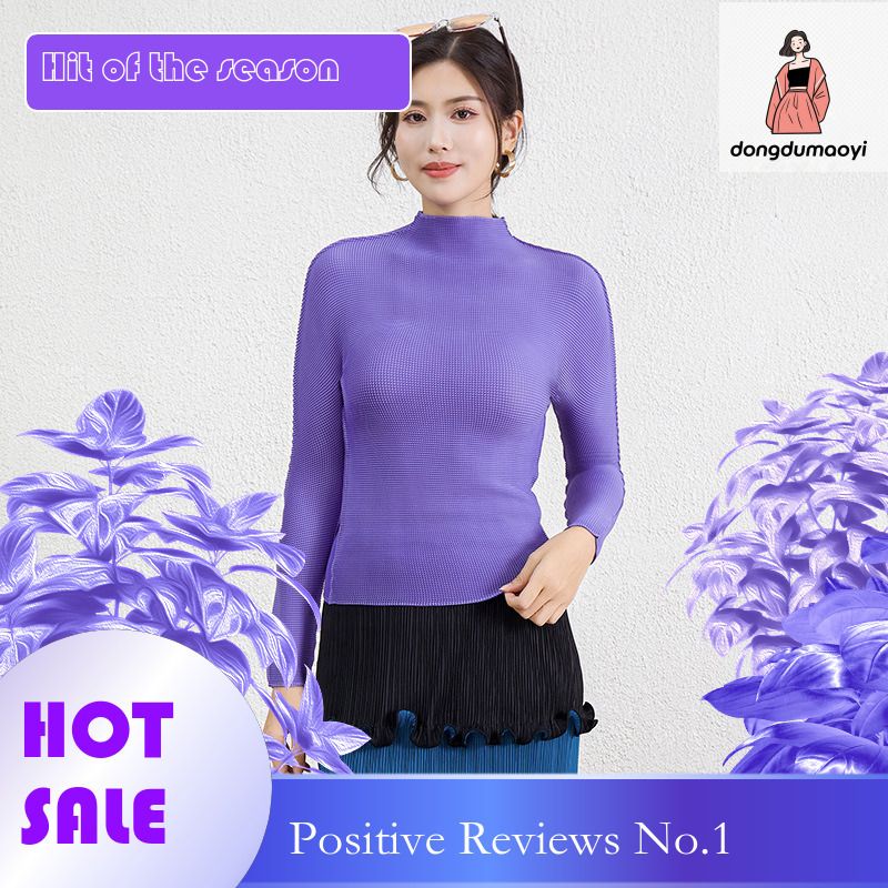 dongdumaoyi Purple Sister Fold New Half High Collar Bottom Shirt Long Sleeve Classic Women's T-shirt Slim fit Large Waist Top