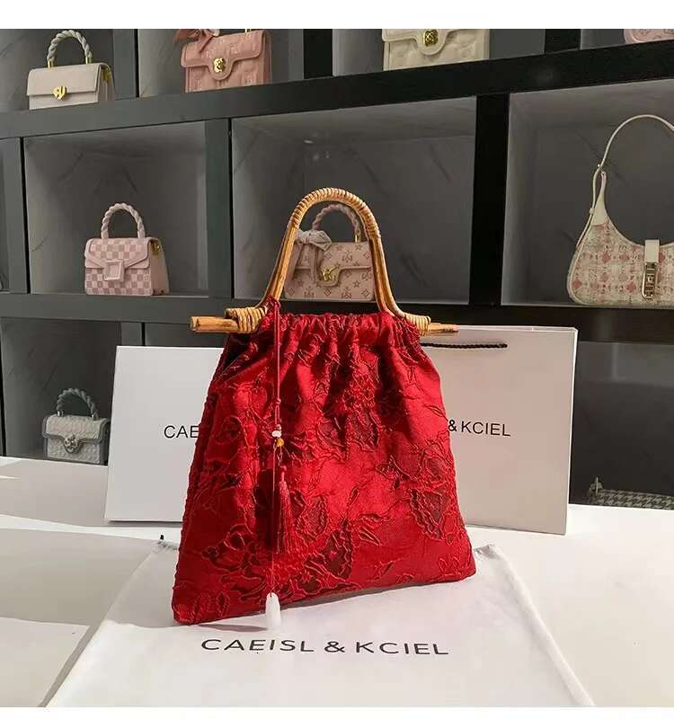 Bamboo Handheld Fashion Women Handbag Cotton Fabric Embroidery Handmade Bucket Large Capacity Tote Female Shoulder Bag