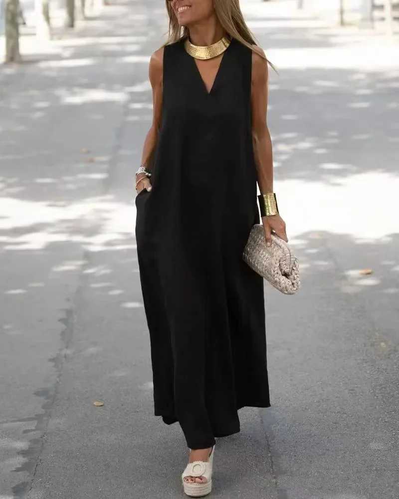 2025 Spring Cotton Linen Women Dress Long Black V-neck Sleeveless Loose A-line Dresses Female Elegant Trendy Casual Lady ClothesXJ250514