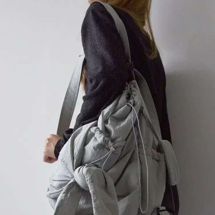 Women Nylon High-Capacity Fashion Casual Backpack Bow Drawstring Shoulder Bag Totebag All-Match