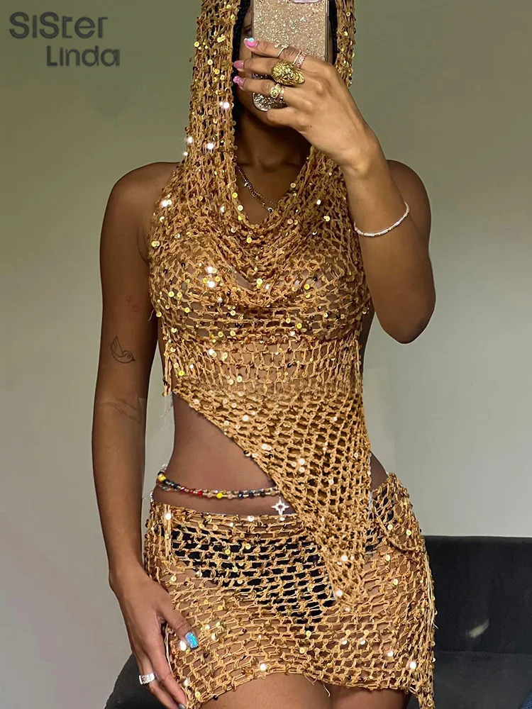 Sisterlinda Sequins Hooded Women 2piece Set Sleeveless Asymmetrical Bandage Backless Tank TopsPeach Hip Skirt Midnight Clubwear 250513