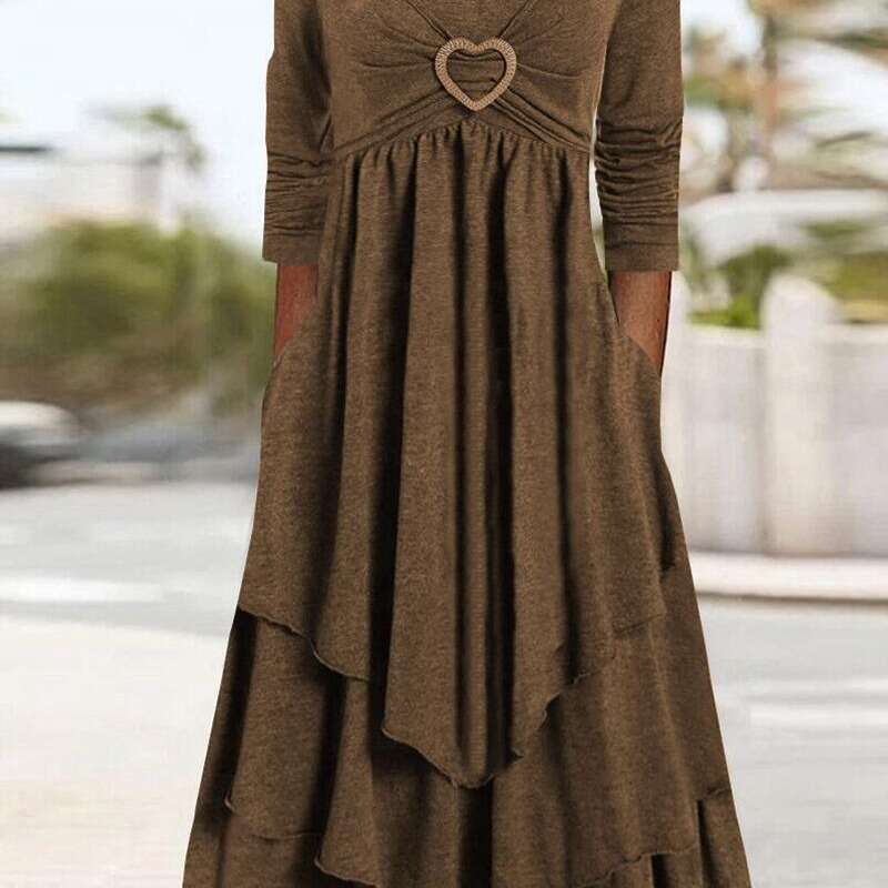 Women Clothes Dress Spring And Autumn New Solid Color Waistband Love Decoration By Layer Cake Hem Casual Dress KQ