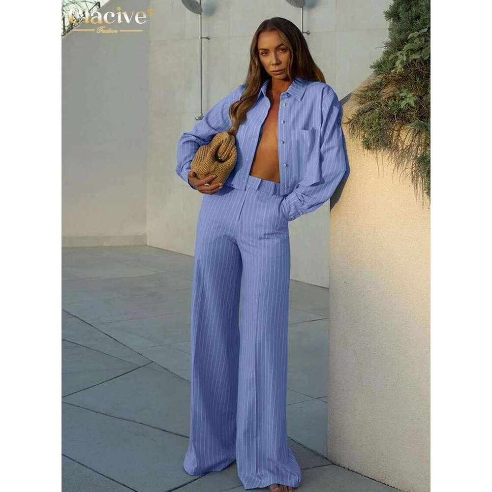 Clacive Fashion Loose Blue Stripe Cotton 2 Piece Sets Women Outfit 2025 Elegant Long Sleeve Shirt With High Waist Wide Pants Set