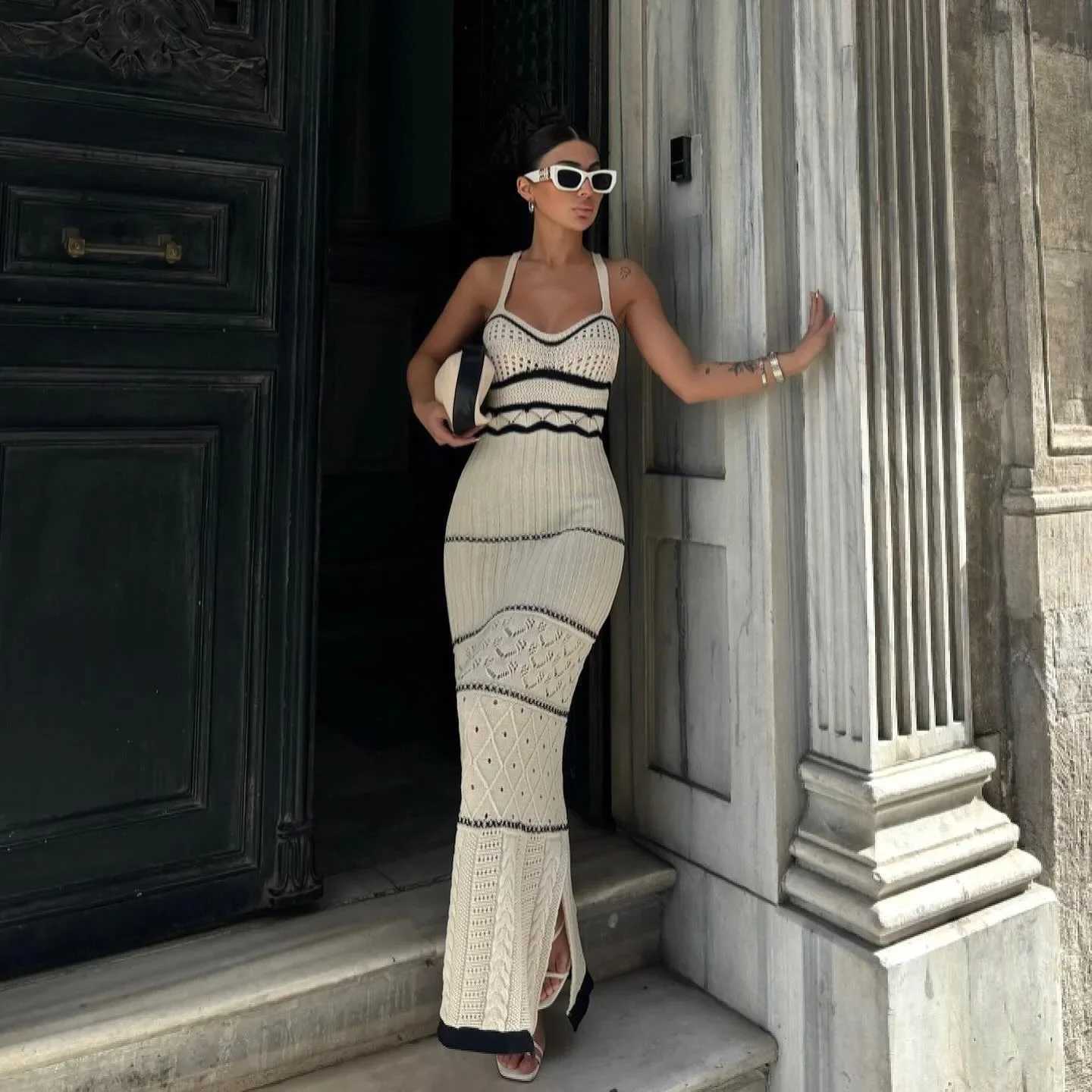 Summer Knit Bohemian Halter Dress Hollow Striped Out Pure Slim-fit Buttock Wrap Maxi Summer Sexy Vneck Dress O-Neck DressesXJ250514