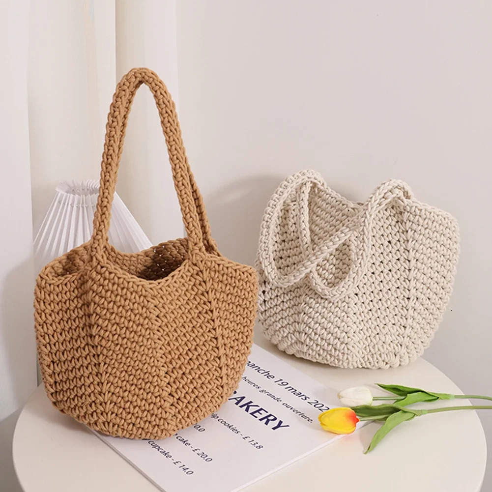 Vintage Weaving Hand Bag Korean Style Knitting Handbags Casual Simple Soft Solid Color Elegant Portable for Seaside Vacation 250514
