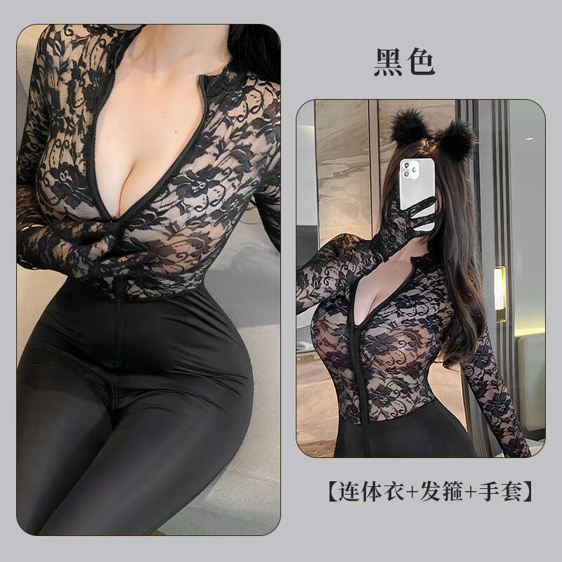 Sexy Lace Lingerie Fan Lei S Lingerie Women S Sexy Lace See Through Double Zipper Crotch Tight Fitting One Piece Pajamas KQ
