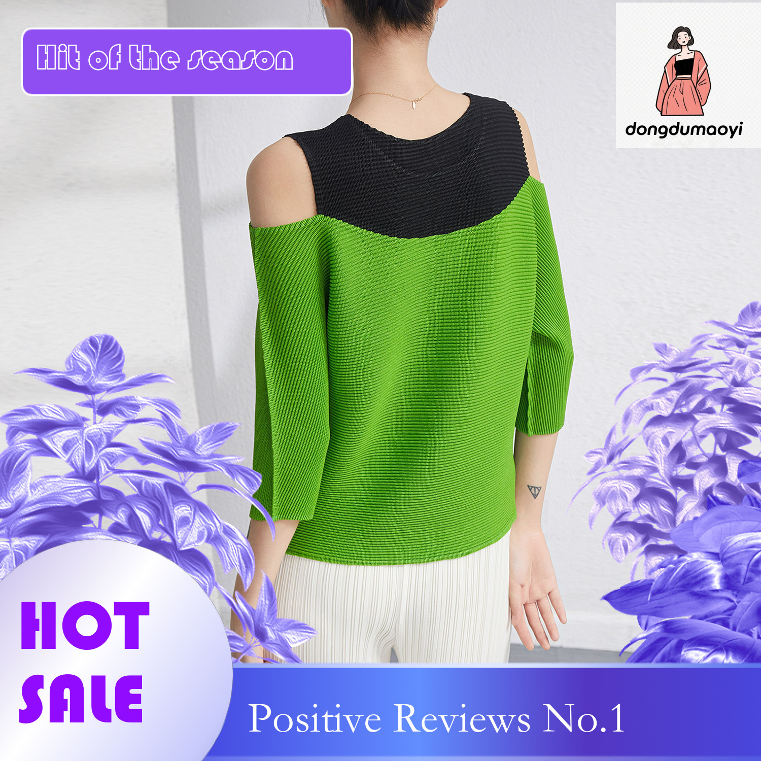 dongdumaoyi Miyake's new round neck patchwork color off shoulder knit shirt short sleeved Korean versatile pleated slimming pullover top for wome