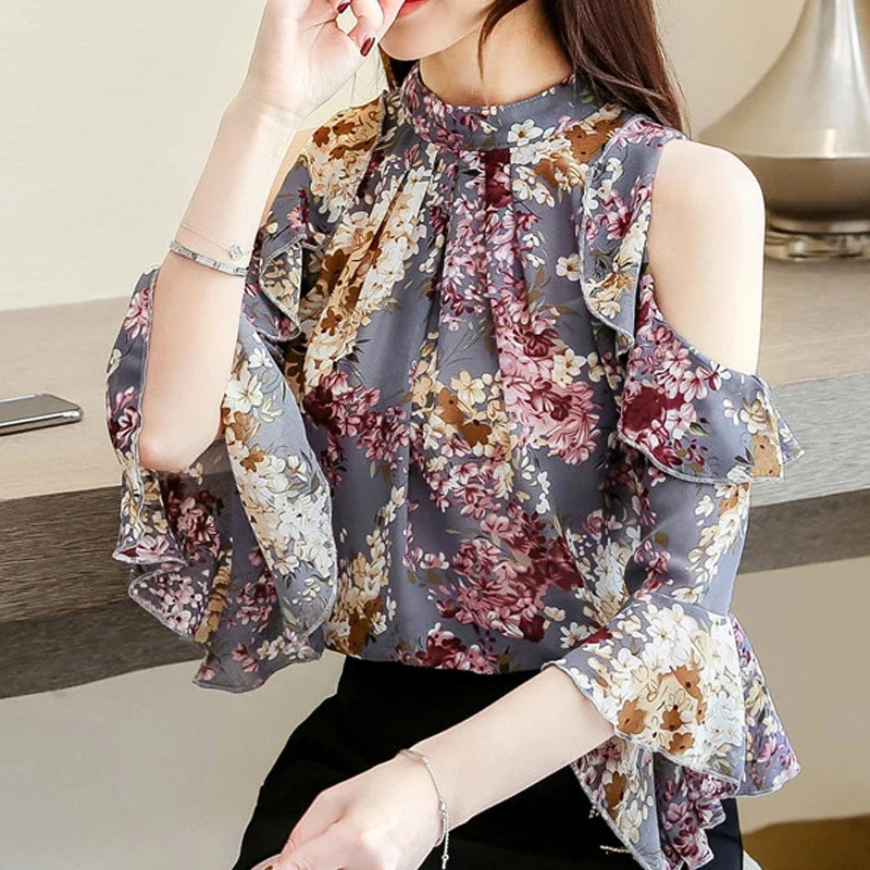 Elegant Womens Blouses Tops Short Sleeve Butterfly Chiffon Women Clothing Female Shirts Long Floral 5388 250514