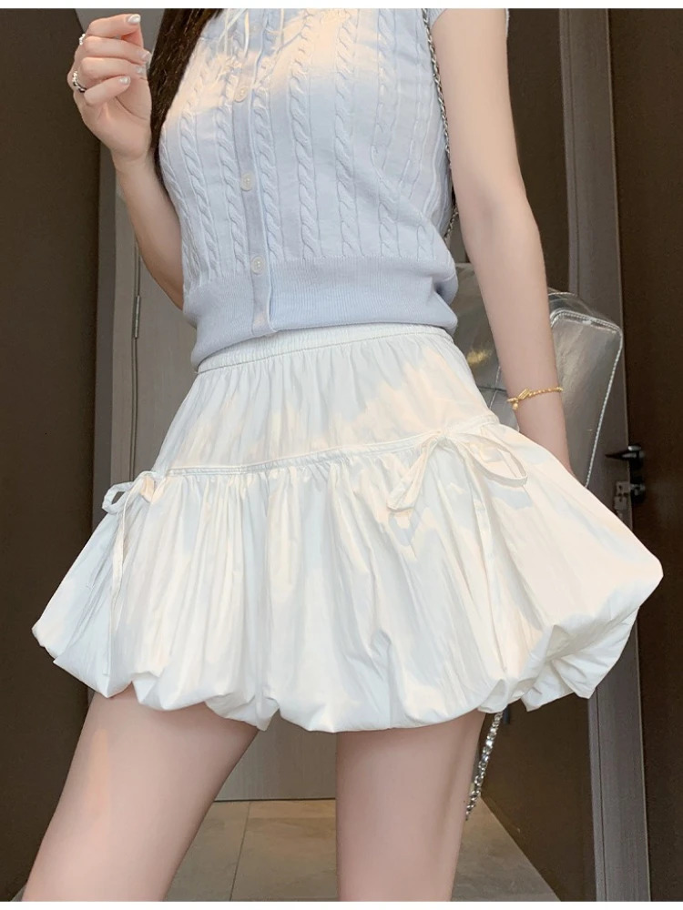 Flower Bud Short Skirt Female Summer High Waist Aline Skirts for Women Korean Fashion College Style Black Lantern 250514