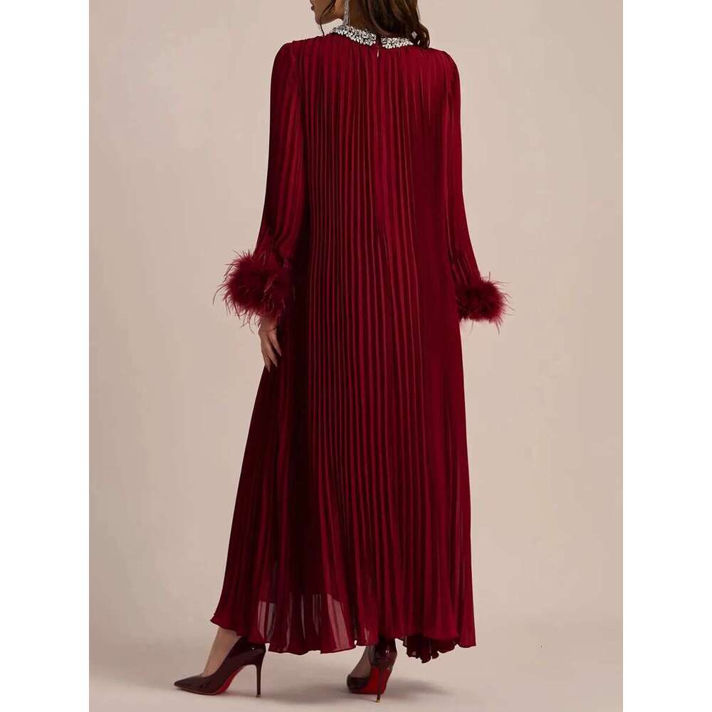 VGH Solid Spliced Dias tail Dress for Women O Neck Long Sleeve Loose Wiast Patchwork Feather Dresses Female New