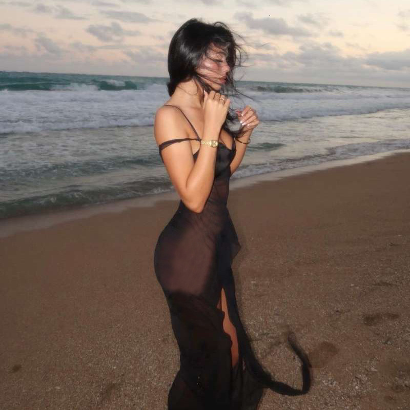 2024 Spring/Summer Womens New Sexy Spicy Girl Mesh Perspective Split Irregular Sling Dress