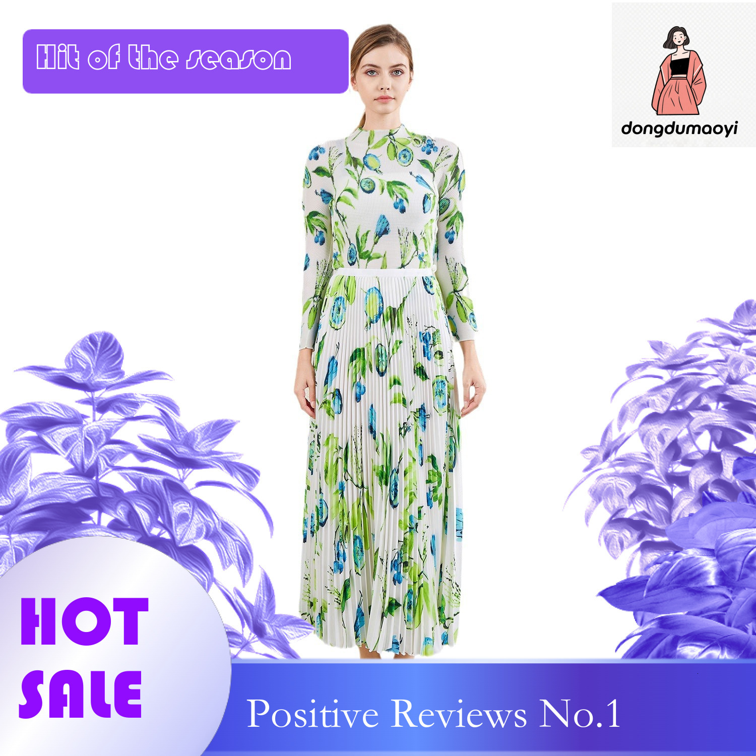 dongdumaoyi Colorful high waisted half women's large swing skirt, new printed top, slim fit small shirt, pleated set