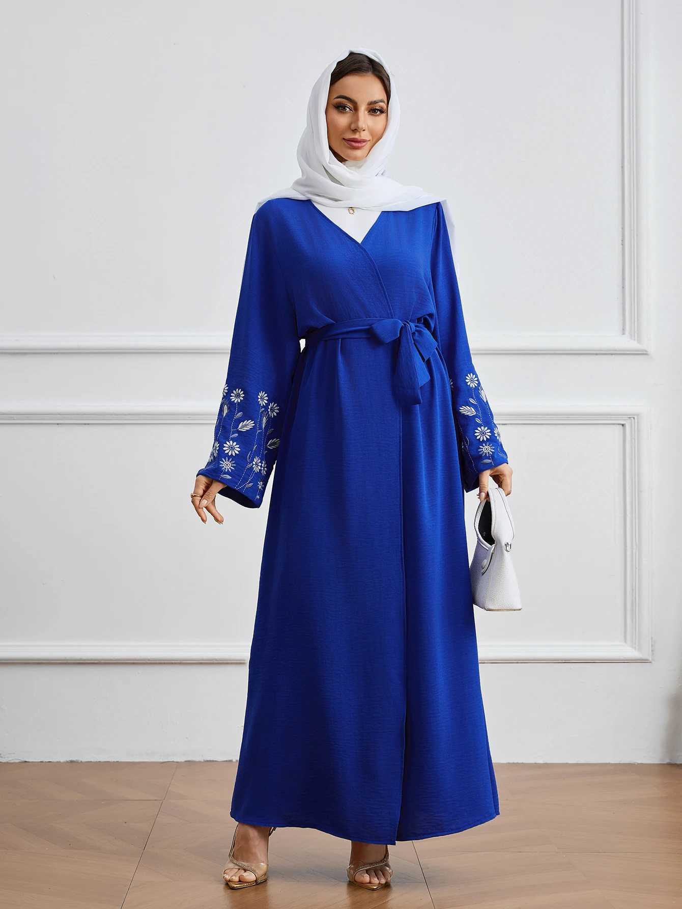 Elegant Blue Abaya Dress with Exquisite Floral Embroidery Modest Fashion Womens Long Gown for Party Ramandan Occasions X250514
