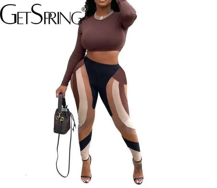 Getspring Women Leggings 2024 Autumn O Neck Full Sleeve Short Slim Top High Waist Patchwork Tight Long Pants Two Pieces Sets