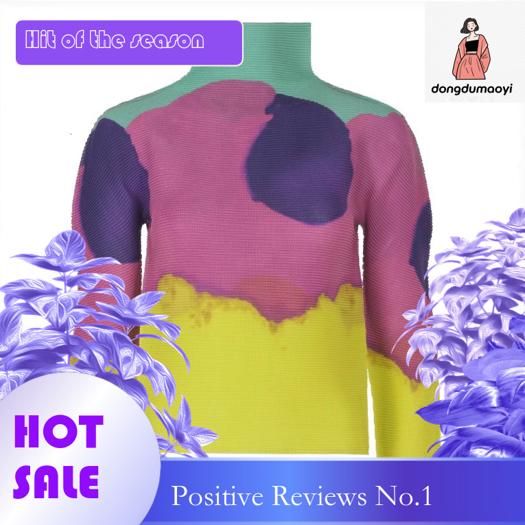 dongdumaoyi Miyake counter me series long sleeved T-shirt women in spring, semi high neck slim fit pleated top for women, thin base shirt
