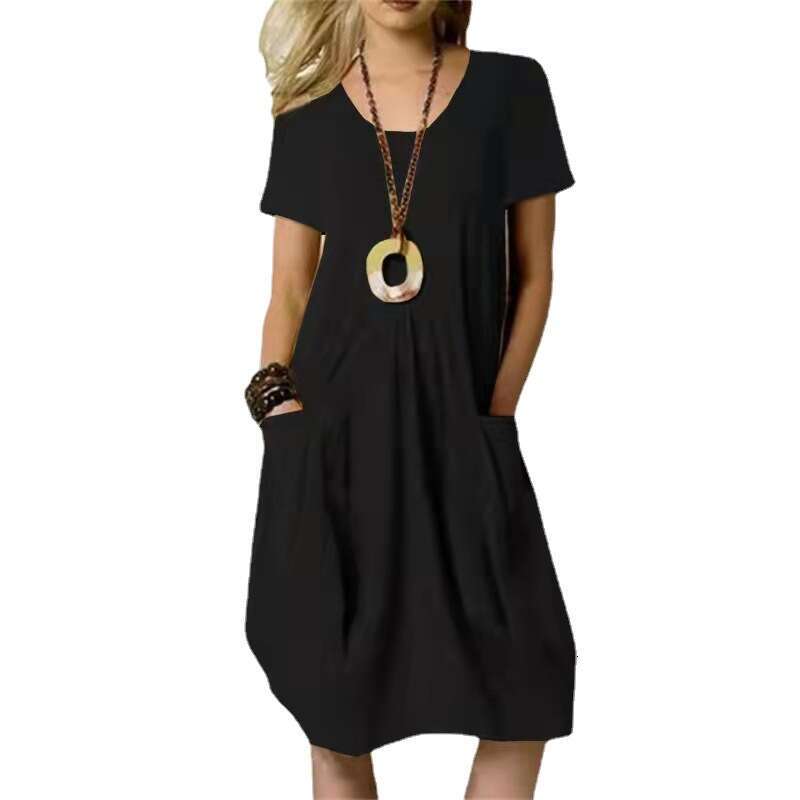 Women Clothes Dress Summer New Cotton Linen Solid Loose Round Neck Short Sleeve Dress KQ