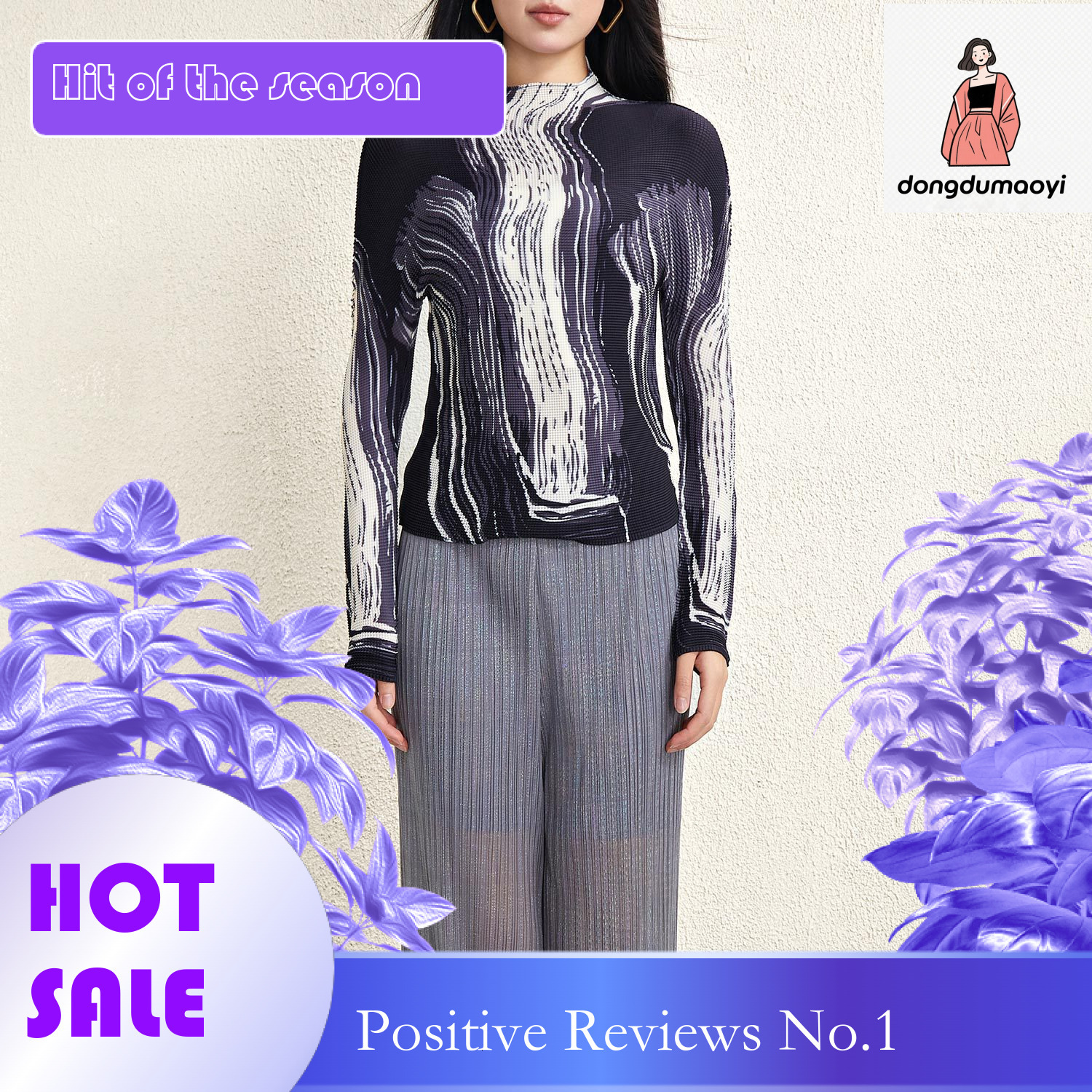 dongdumaoyi Miyake printed top for women's interior design, niche slim fit elastic corn kernels versatile pleated T-shirt