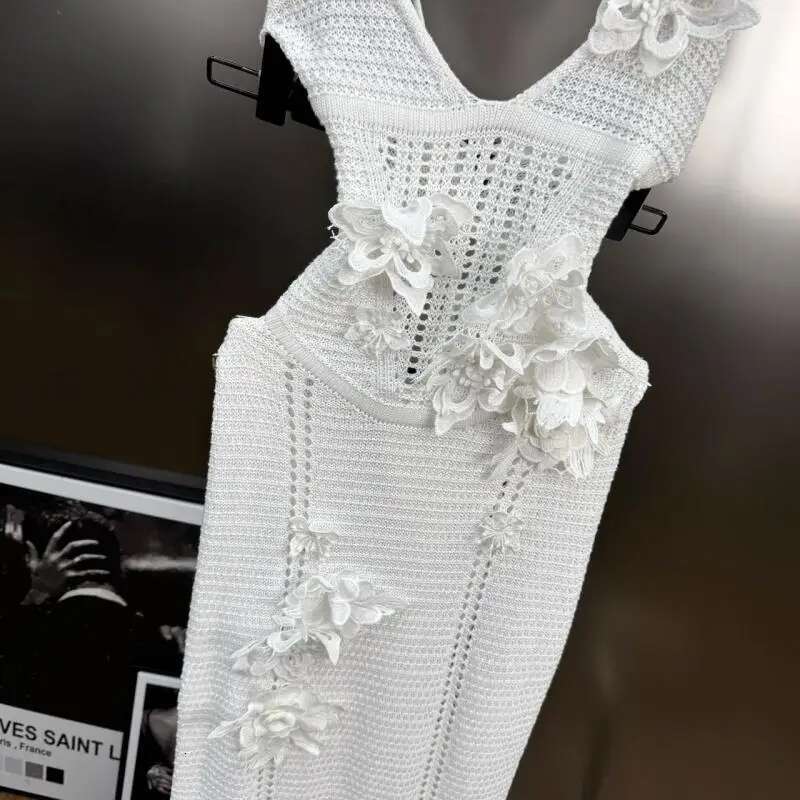 Getspring Women Dress 2025 Spring Summer Retro Three Dimensional Flower Backless Hollow Out Sext Slim Long Beach Knitted Dresses