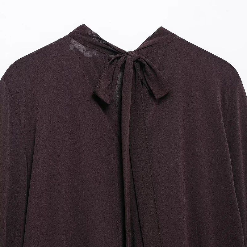 Willshela Women Fashion Brown Back Bow Lace Up Ruffled Pleated Pullover Blouse Vintage ONeck Female Chic Lady Shirts 250514