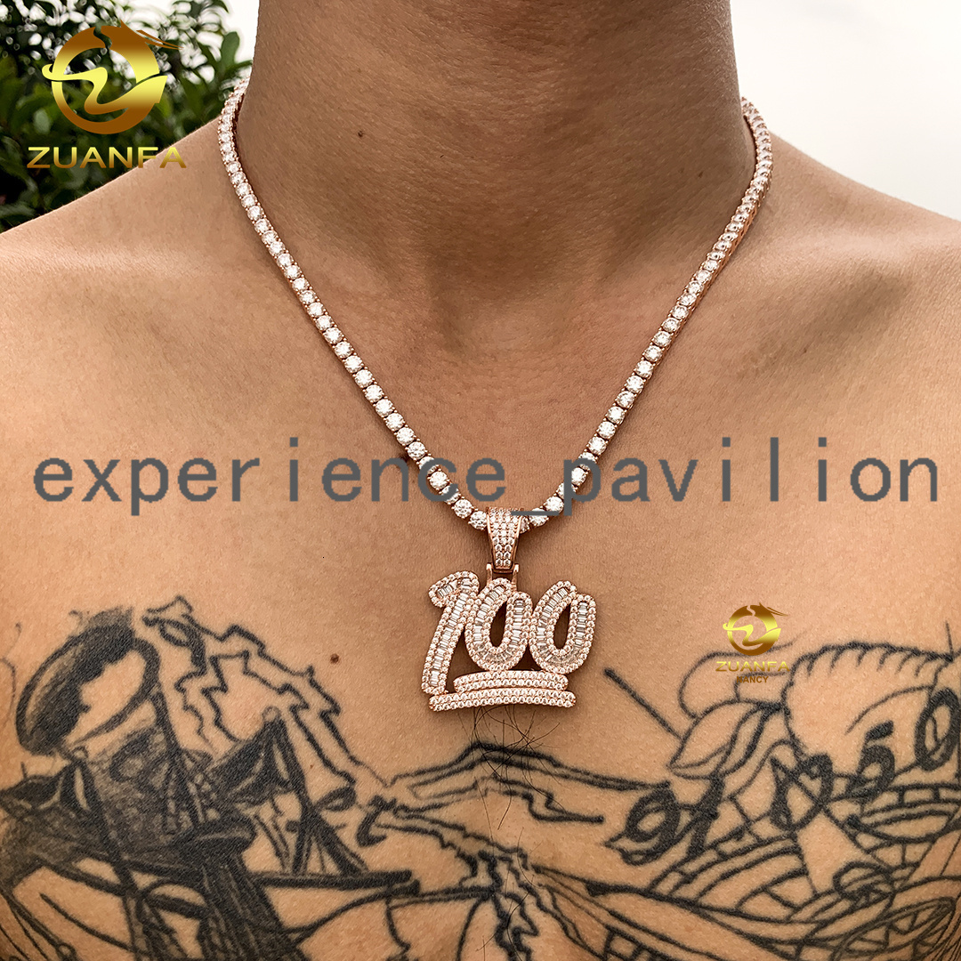 Hip Hop Jewelry Custom Charm Lucky Number 100 Pendant Baguette VVS Moissanite Pendant Iced Out Necklace