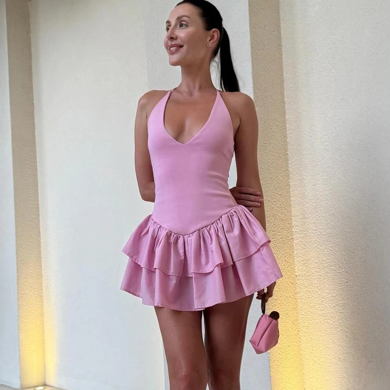 Womens Dresses Halter Pink Mini Chic v Neck Layer Ruffles Hem Dress A Line Vestido Summer Ladies Street Party Wear 250514