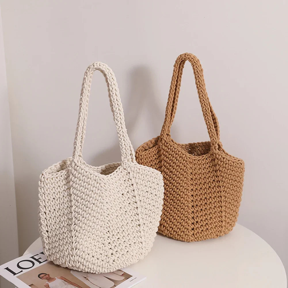 Vintage Weaving Hand Bag Korean Style Knitting Handbags Casual Simple Soft Solid Color Elegant Portable for Seaside Vacation 250514