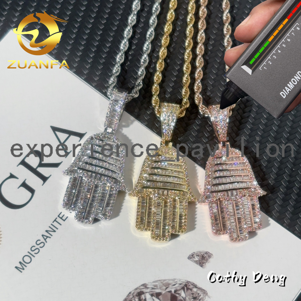 Instock Shipping Lab Diamond Pendant Hand Baguette Cut Hip Hop Pendant 925 Silver Moissanite Pendant With Free Rope Chain
