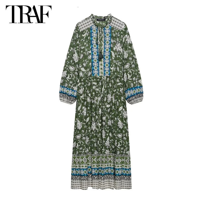 TRAF Print Ruffle Midi Dress Woman Pleated Long Dresses for Women Beach Summer Puff Sleeve Boho Womens 250514