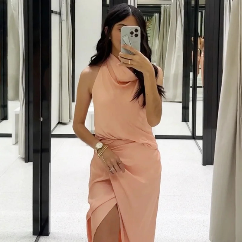 TRAF Satin Skirt Set Elegant Womens Sets Backless Halter Top Woman 2 Piece Outfit Fashion Midi High Waist Wrap Suits 250514