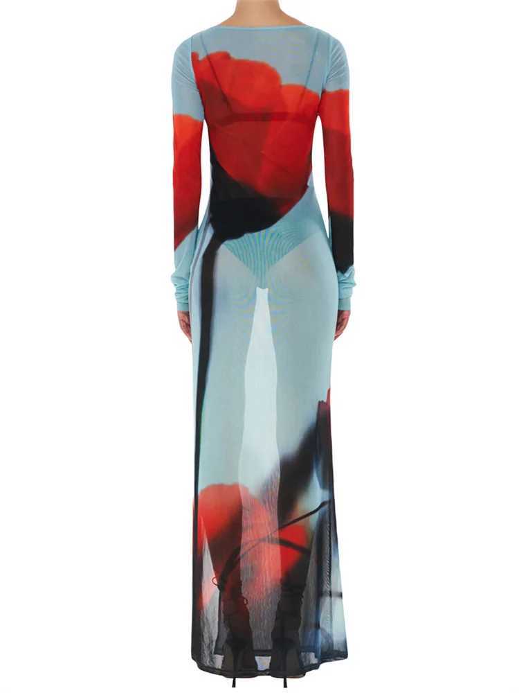 Womens Sheer Mesh Flower Long Dress Long Sleeve Boat Neck Boydcon Split Midi Dress Summer Fall Cover-up Dress for Beach ClubXJ250514