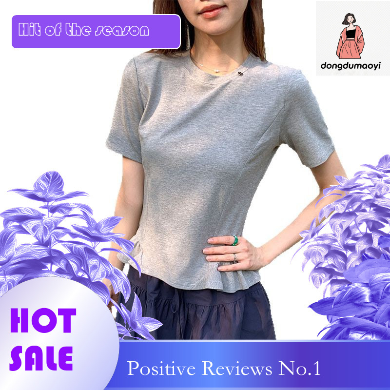dongdumaoyi Round neck shoulder short T-shirt for women 2025 new summer outfit Korean version gentle wind lotus leaf edge half sleeved slim fit top