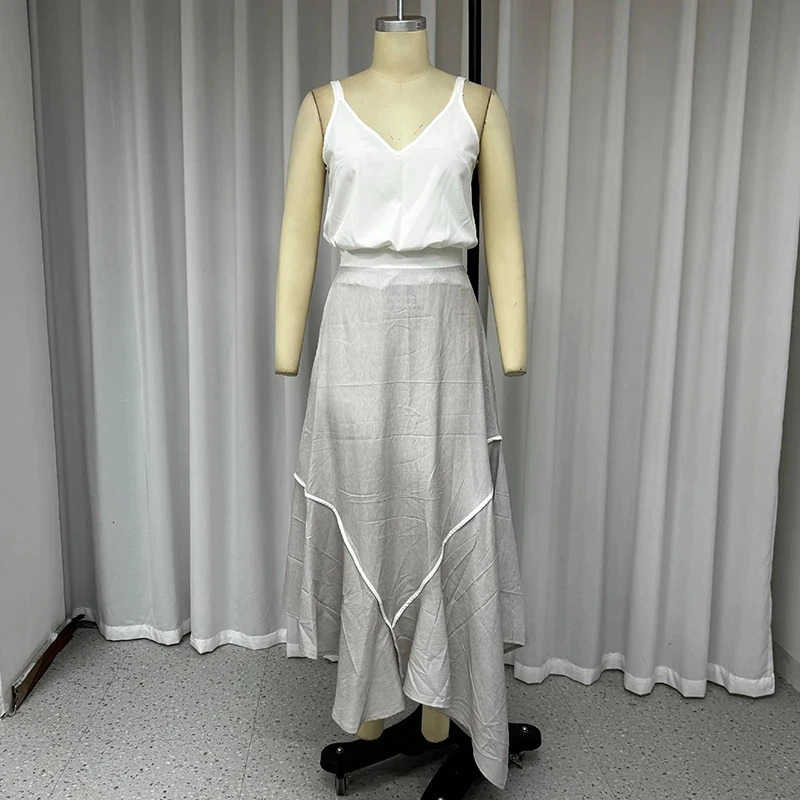 Wefads Women Two Piece Set Summer Casual Solid V Neck Sleeveless Suspender Nipped Waist Vest Top Loose Irregular Skirt Sets 250514