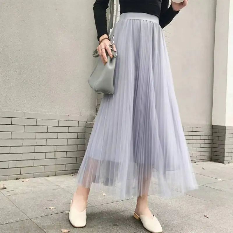 Vintage Tulle Skirt Women Streetwear Elastic High Waist Mesh Pleated Skirts Summer Elegant Korean A Line Office Ladies 250514