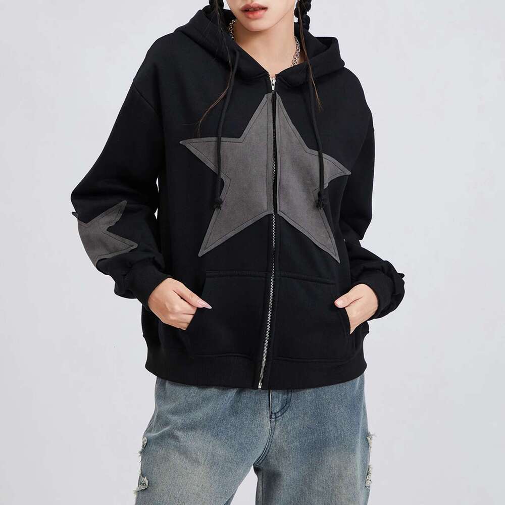 Vintage Star Print Drawstring Hoodies Women's Autumn Casual Loose Long Sleeve Zip Up Hooded Coats Street Haruku Outerwear Designer