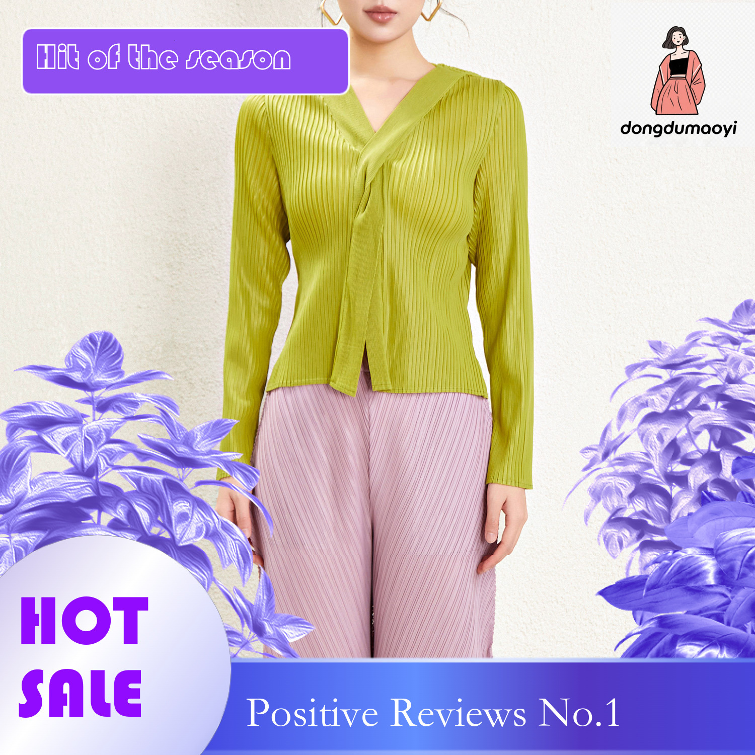 dongdumaoyi Wrinkled Knitted Spring/Summer New Style Miyake Fashion V-neck Design Sense Solid Color Long Sleeve Versatile Base Shirt Women's T-sh