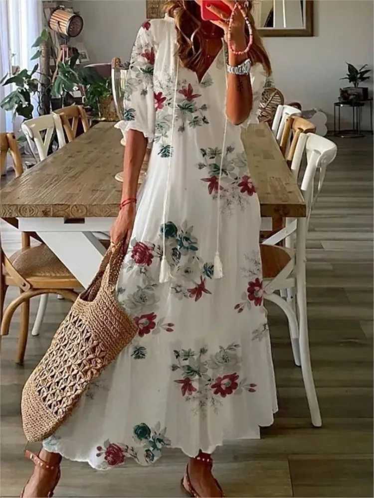 Spring Summer New Long Dress Sexy V-neck Drawstring Printed Long-sleeved Dress Casual Loose Fashionable Elegant DressXJ250514