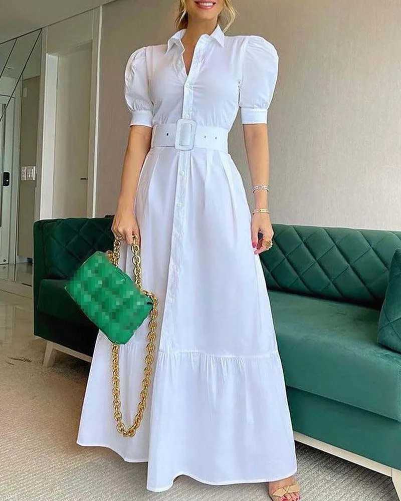 Party Belt Dresses For Women 2025 Spring Summer Fashion Elegant Stripe Print Short Sleeve Long Dress Lady High Waist Shirt DressXJ250514