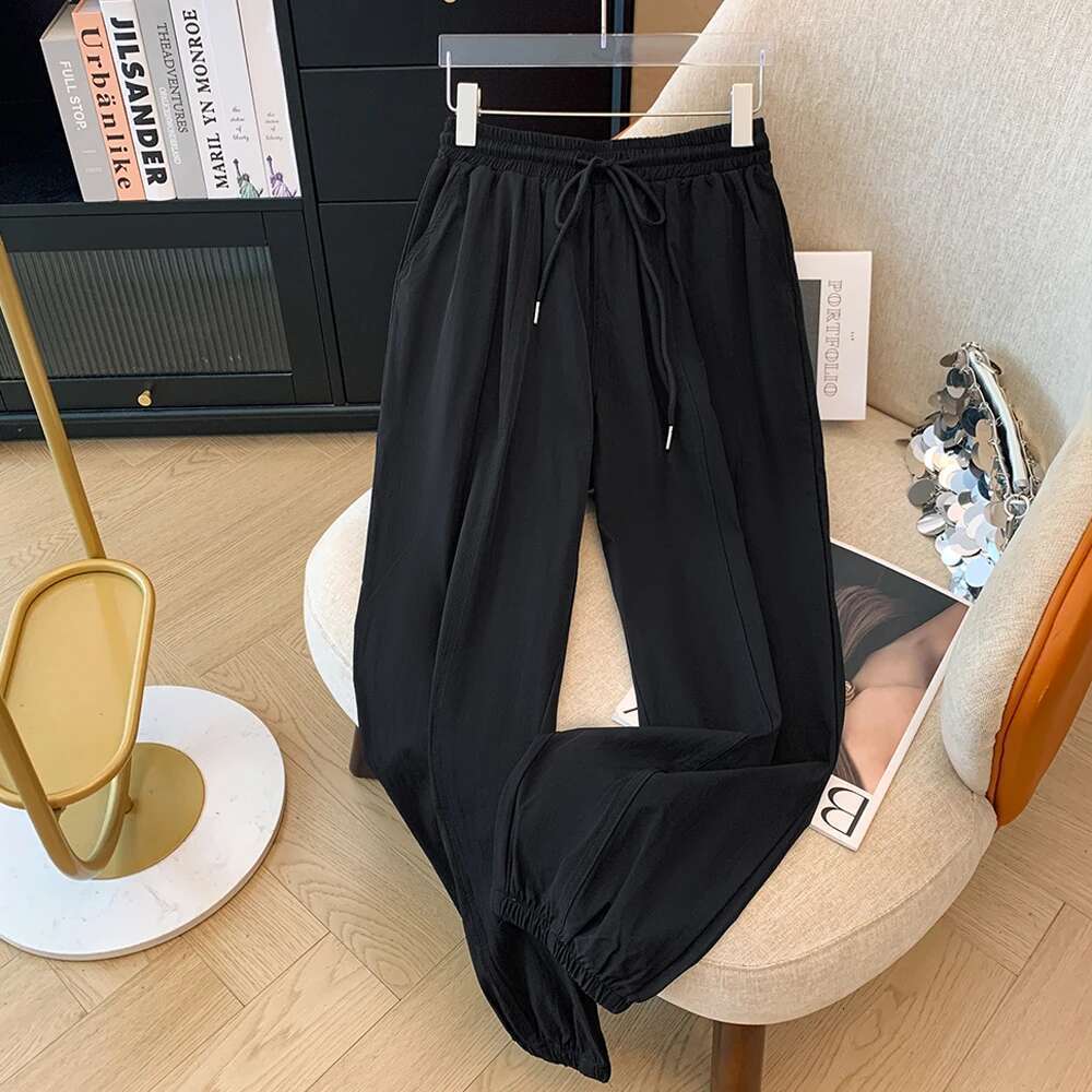 Plus-size women's spring-fall casual commuter slacks Black army green elastic-waist-drawstring pocket straight-leg pants large