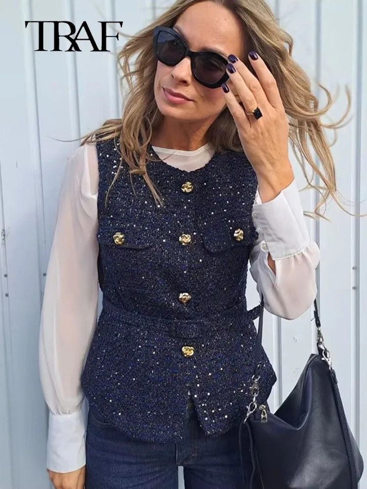 Autumn 2025 vintage casual chic womens top with pure gold buttons Oneck short sleeved vest fashion 250506