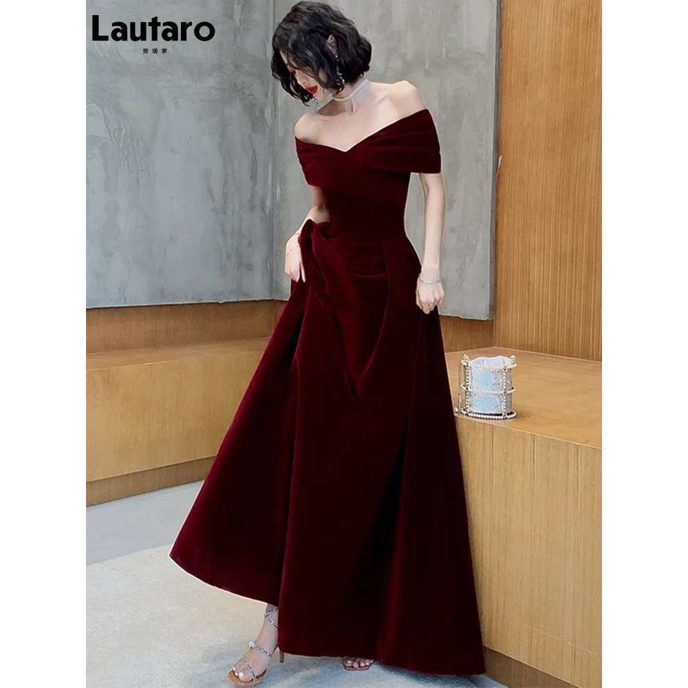 Lautaro Spring Long Elegant Wine Red Soft Veet Evening Party Wedding Dresses for Women Off Shoulder Maxi Dress