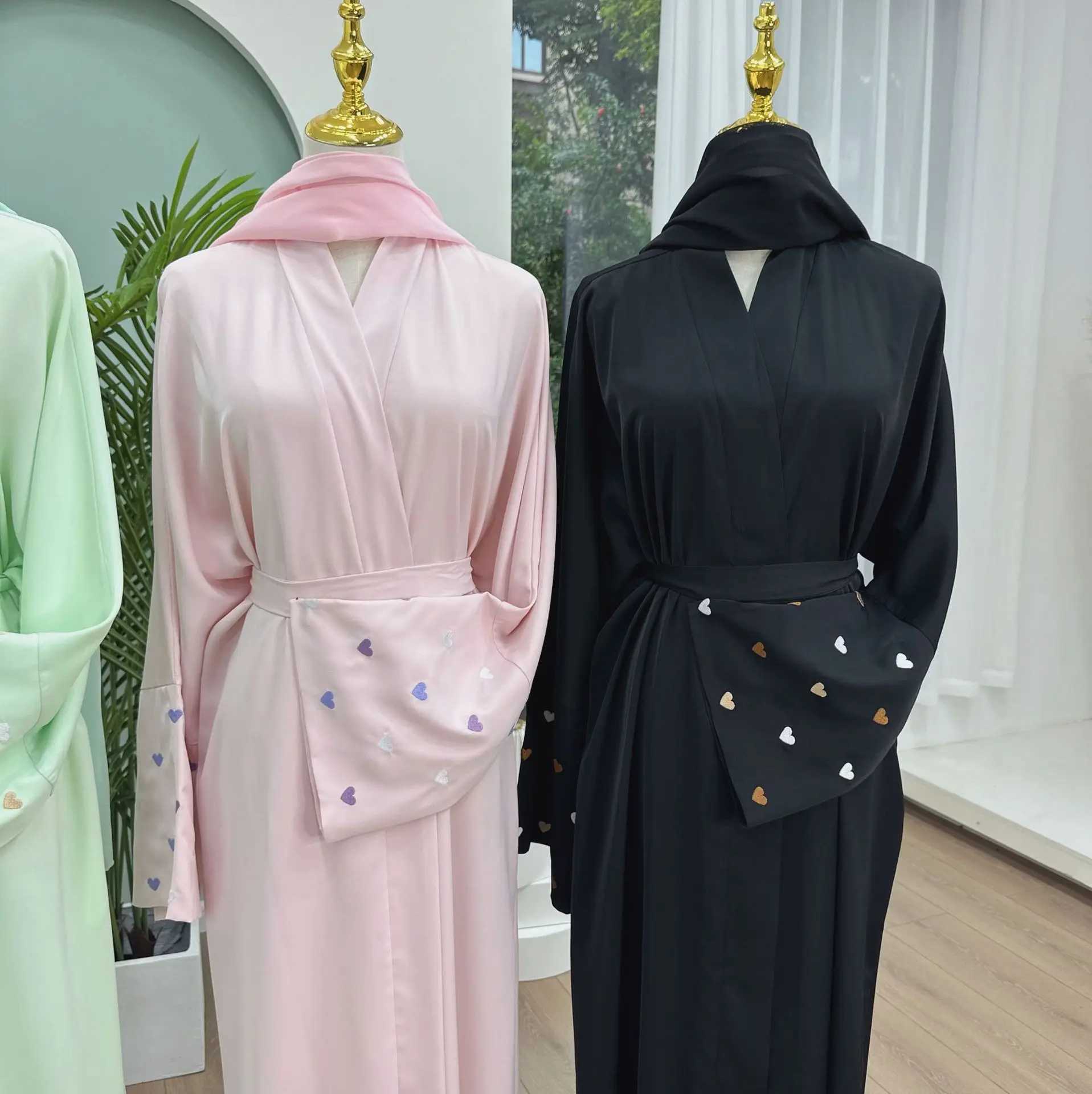 Women Heart Embroidery Long Slved Cardigan Muslim Abaya Dubai Party Burqa Loose Dress Ladies Kaftan Solid Color With Belt Robe X250514