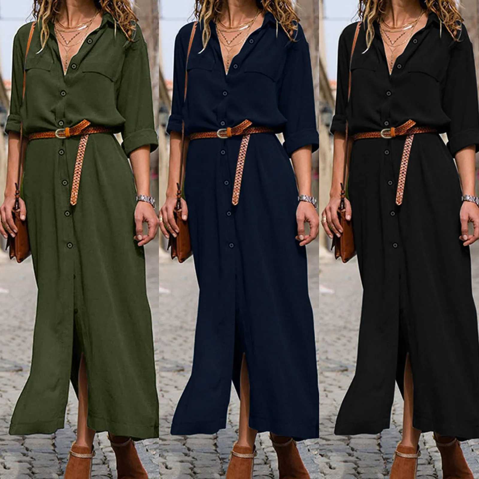 Womens Lace Up Tunic Dresses Summer Streetwear Long Sleeve Shirt Dresses With Belt casual Solid Color Linen Maxi Dress for womenXJ250514