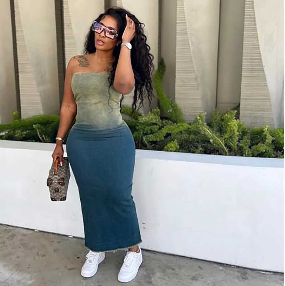 Summer Gradient Womens Denim Dress Fashion Corset Sleeveless Sexy Backless Slim Womens Slit Long Dresses Stretch Jeans DressXJ250514